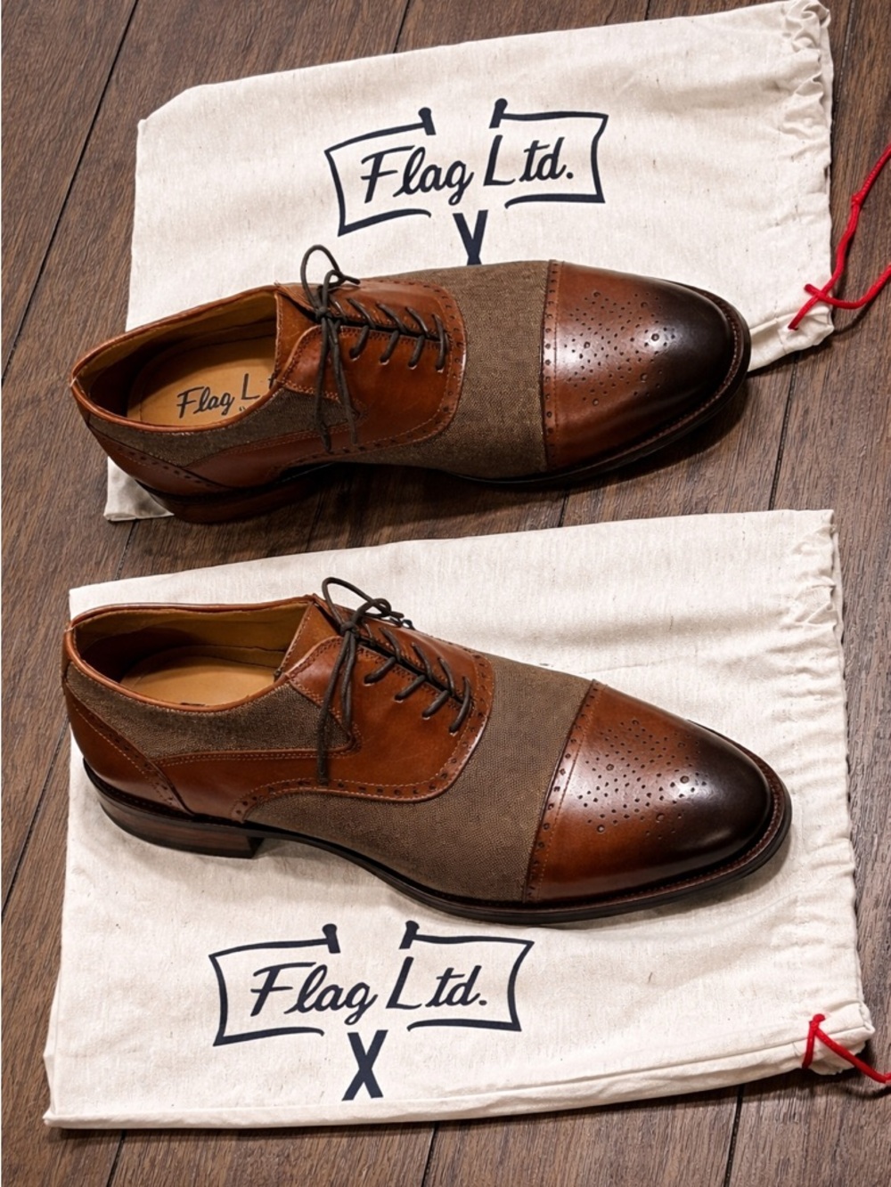 Flag Ltd Mens 9.5 Brown Leather Oxford Cap Toe Mixed Material Dress Shoes Luxury